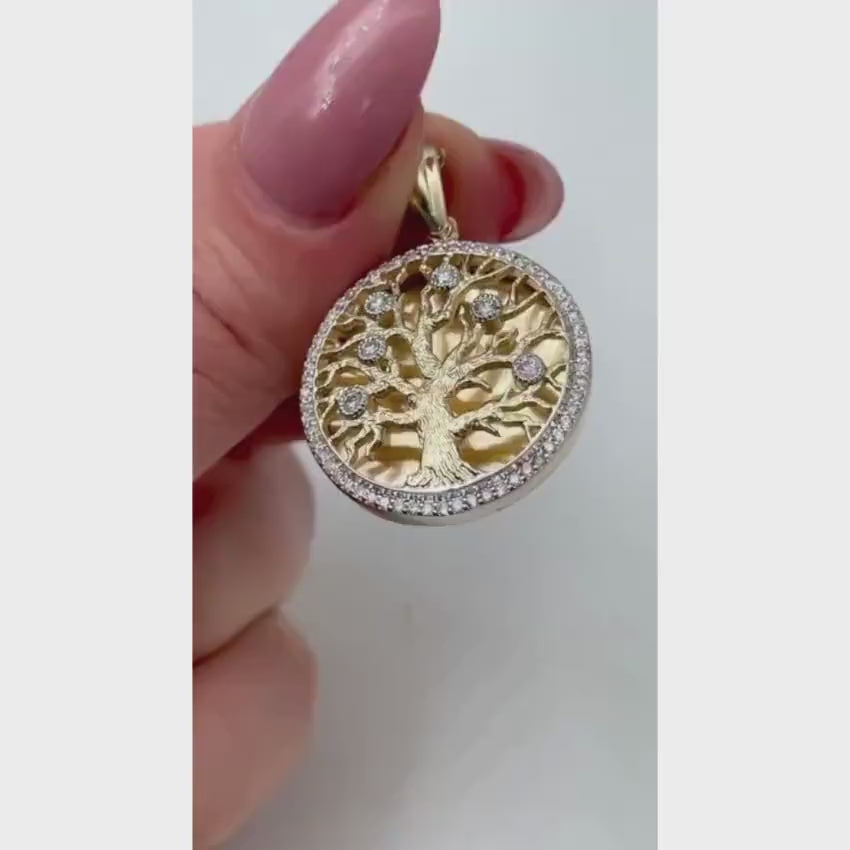Load video: 14K Yellow Gold Diamond-Studded Tree of Life Round Large Pendant