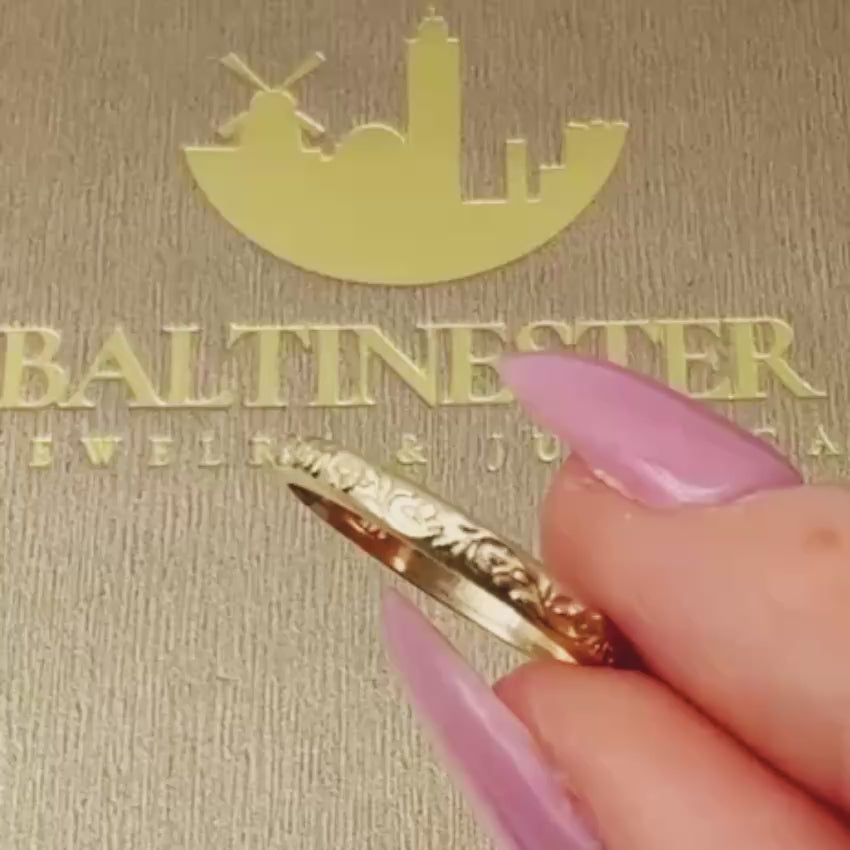 Load video: 14K Solid Gold Floral Engraved Ring Vintage-Inspired Stackable