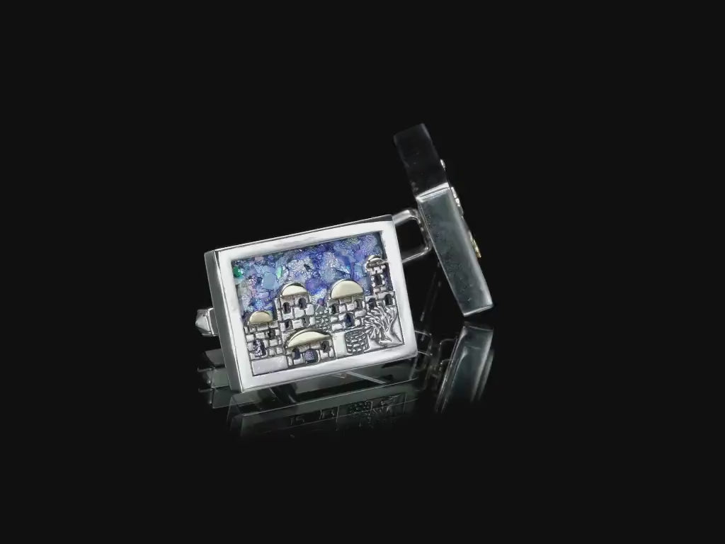 Load video: Roman Glass Jerusalem Skyline Cufflinks in Silver and Gold