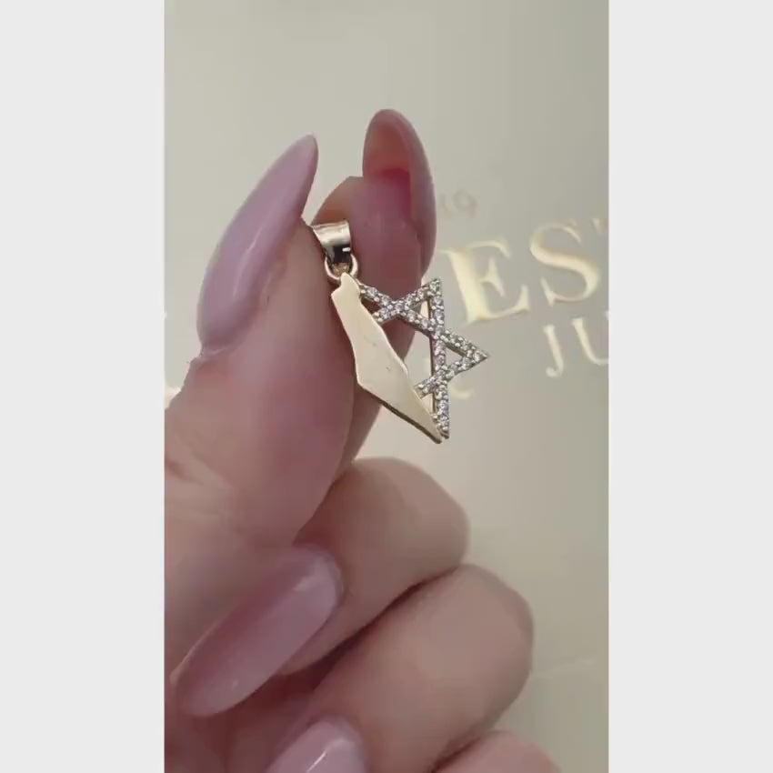 Load video: Israel Map with Star of David in 14K Gold Pendant with CZ