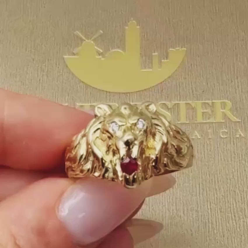 Load video: Diamond Lion of Judah Ruby Ring in 14k Yellow Gold