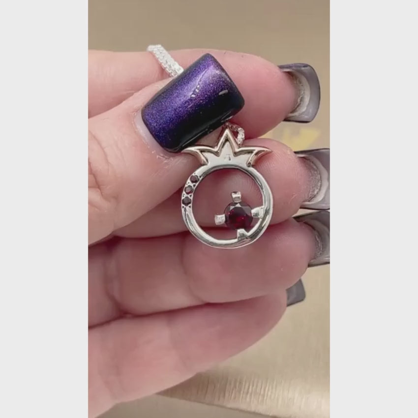 Load video: 14K Gold and Silver Pomegranate with Garnet Kabbalah Pendant Set