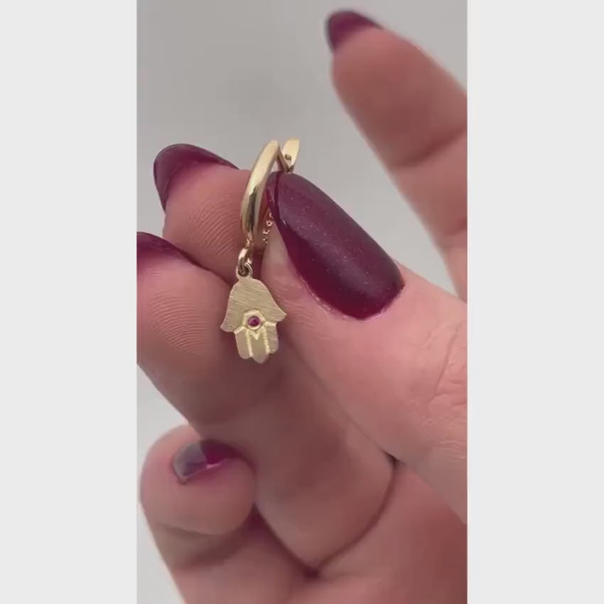 Load video: Hamsa Earrings with Ruby in 14k Gold