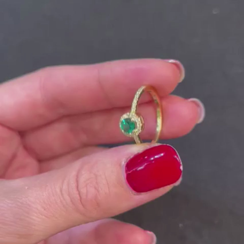 Load video: Emerald &amp; Diamond Halo Ring in 14K Yellow Gold