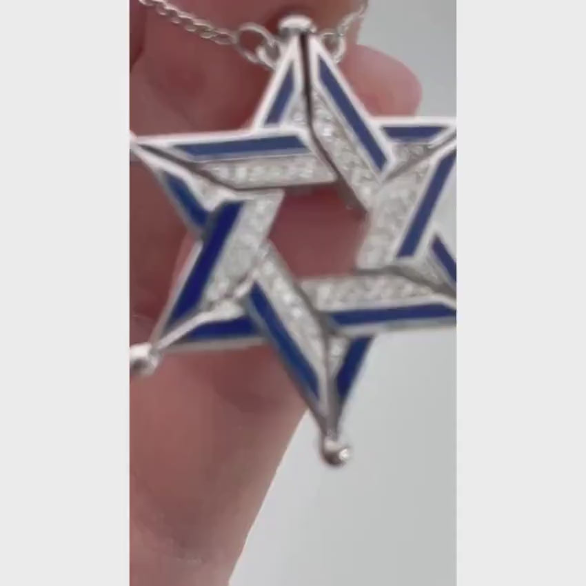Load video: Expandable Star of David Butterfly Necklace in 14k Gold, Diamonds and Blue Enamel