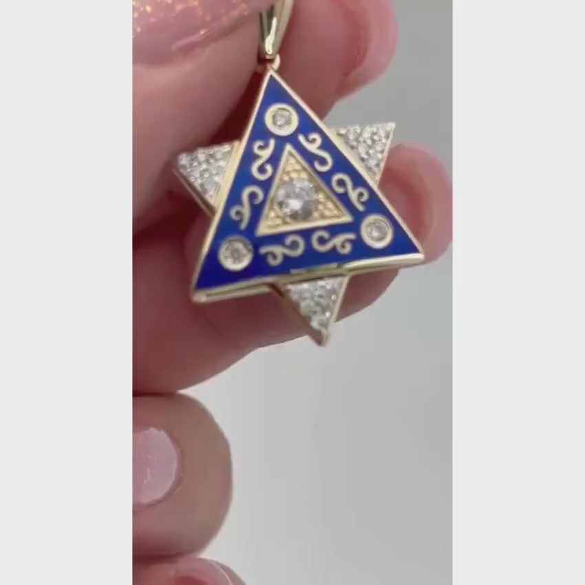 Load video: Diamond Star of David Pendant in 14K Gold with Blue Enamel and Designing - 1" Size