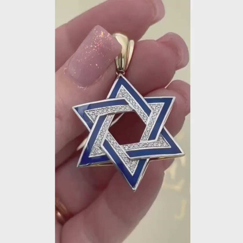 Load video: Diamond Star of David Geometric Pendant in 14K Gold with Blue Enamel - 1.38" Size