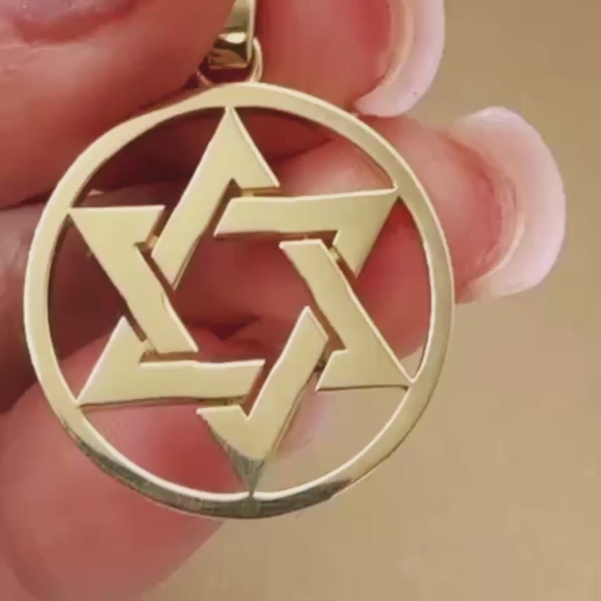 Load video: 14K Solid Gold Round Star of David Pendant