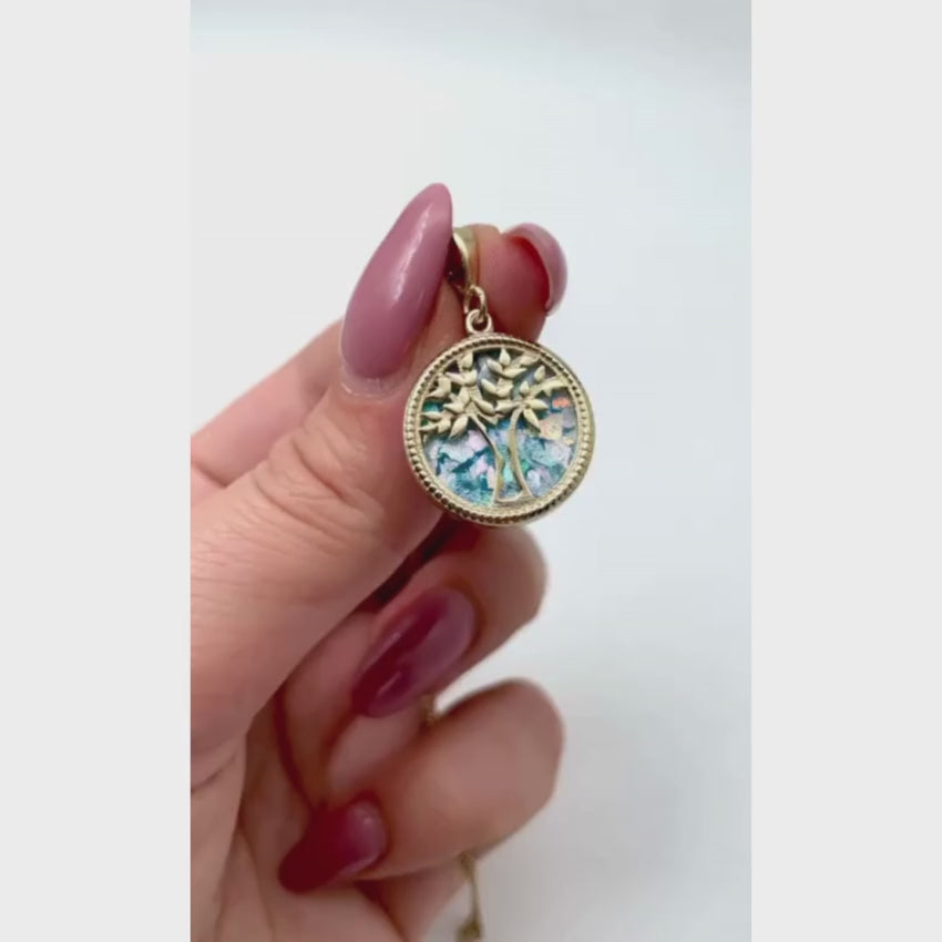 Load video: Tree of Life Roman Glass Pendant in 14K Gold - 19mm Dia