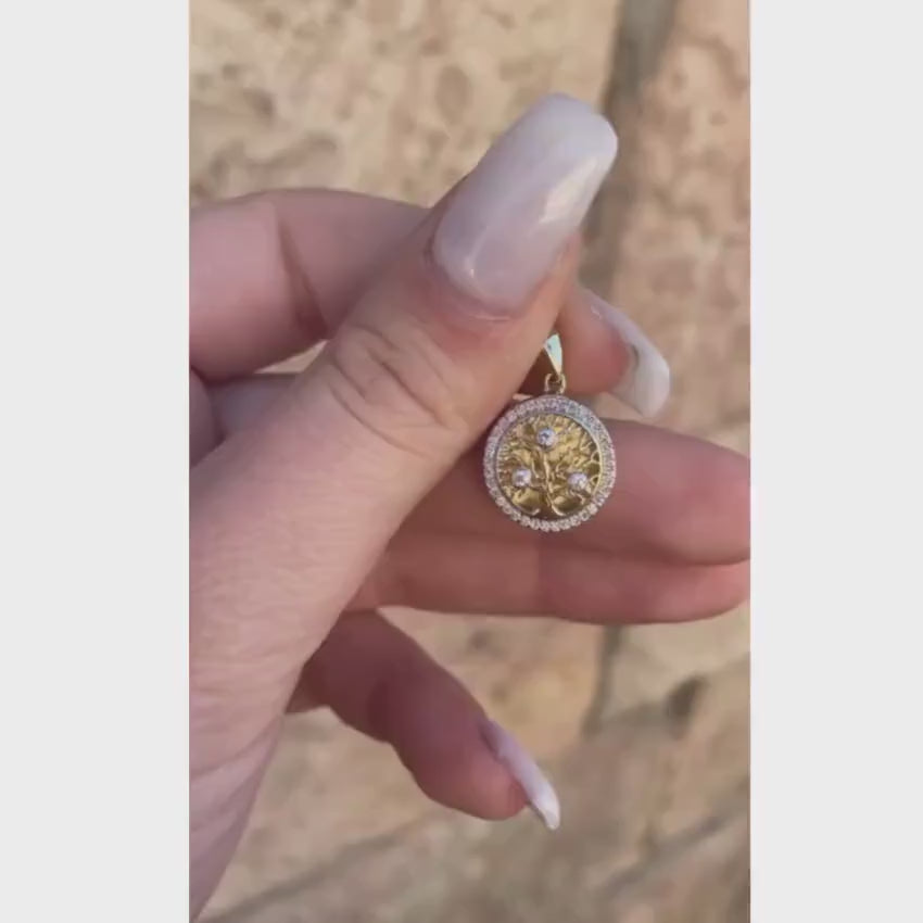 Load video: 14K Yellow Gold Round Tree of Life Pendant With Diamonds (Small)