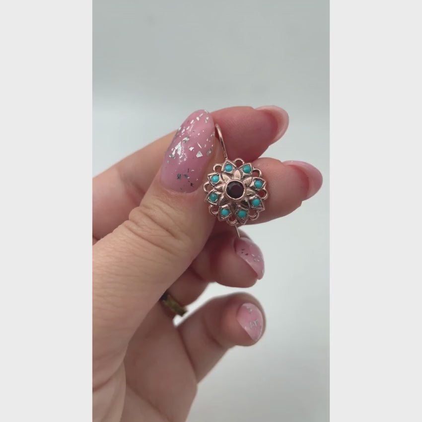 Load video: 14K Rose Gold Vintage Style Flower Earrings with Garnet and Turquoise