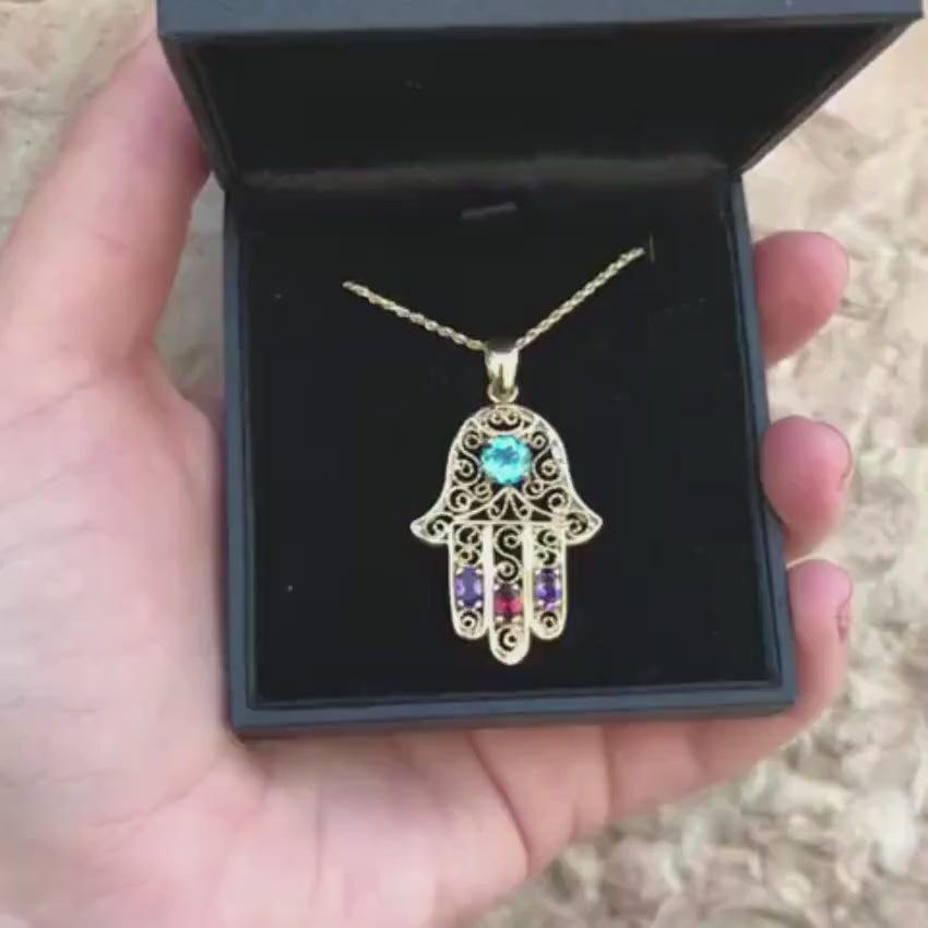 Load video: 14k Gold and Semi-Precious Stones Hamsa Pendant