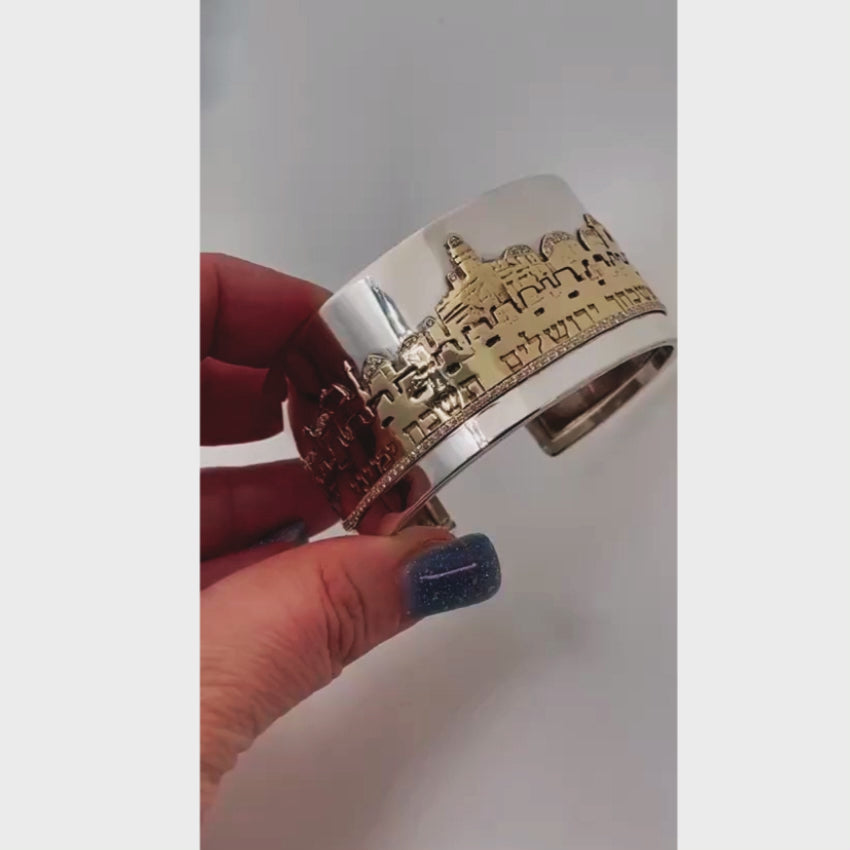 Load video: Jerusalem Cuff Bracelet in Silver and Gold with Diamonds