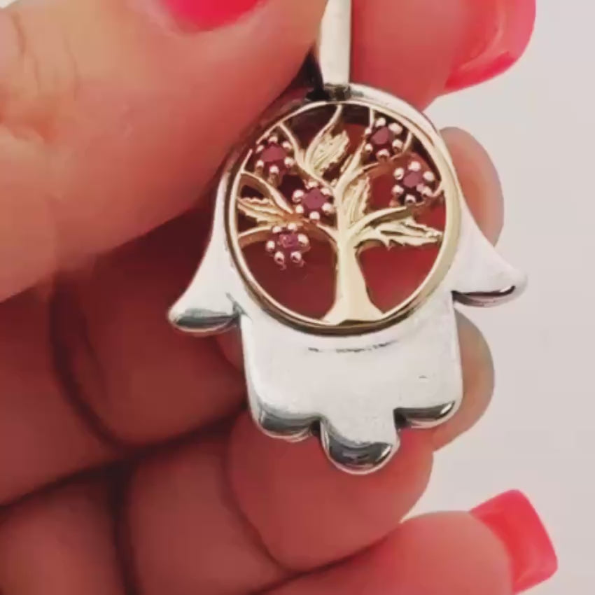 Load video: Sterling Silver &amp; Gold Hamsa Tree of Life Pendant Necklace with Genuine Rubies