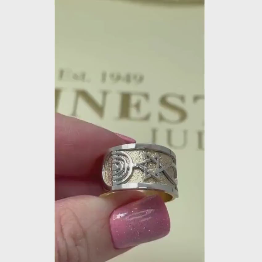 Load video: Star of David Messianic Seal of Jerusalem Ring - 14K Gold Two Tone Grafted-In Ring