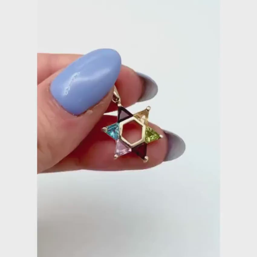Load video: Colorful Gemstones Star of David Pendant in 14K Gold - 18 mm