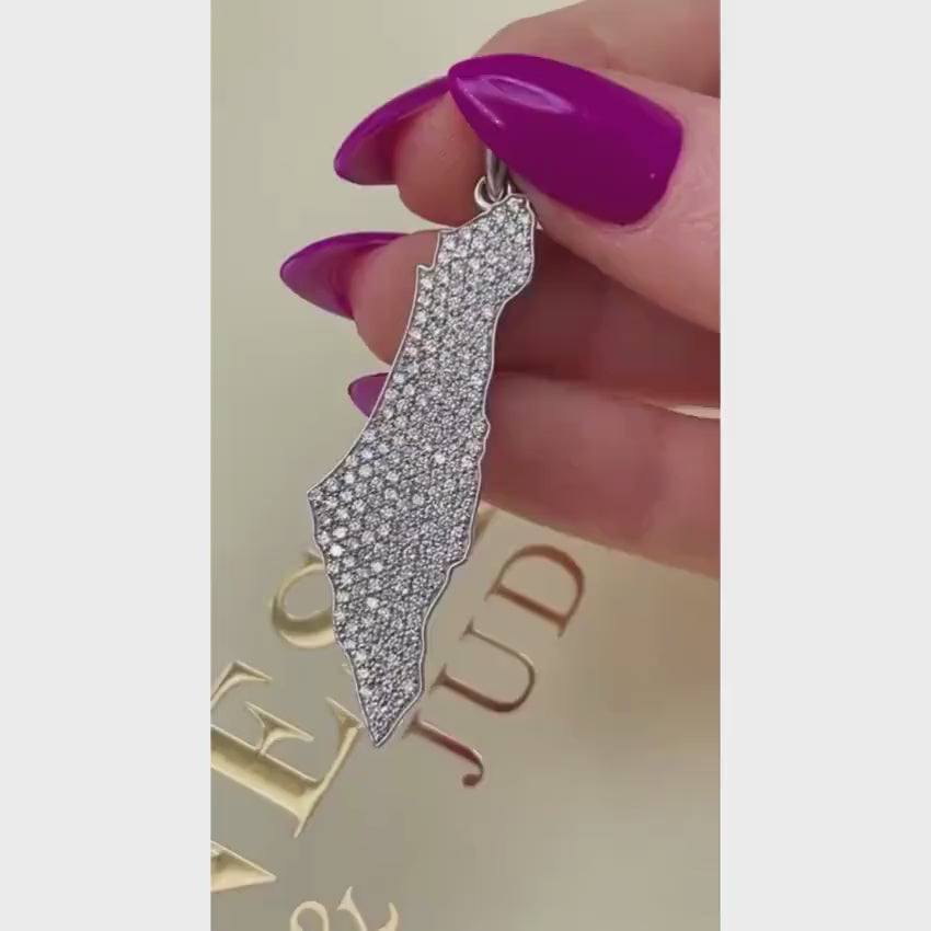 Load video: 2 Ct Diamond Map of Israel Am Israel Chai Pendant in 14K Gold - 2" Size