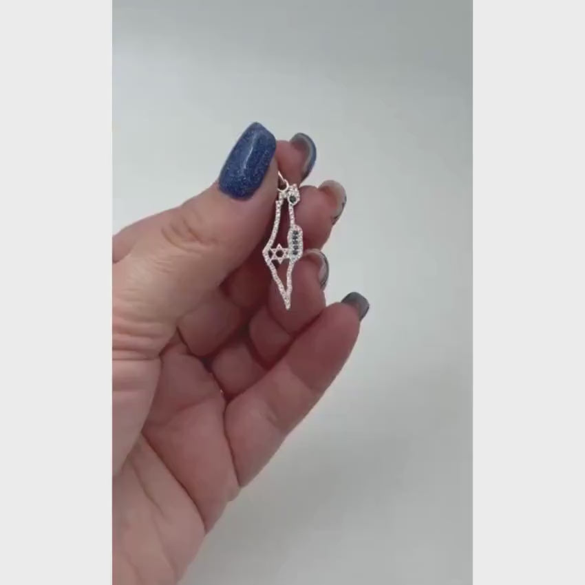 Load video: Israel Map with Star of David Outline Pendant in 14K Gold with Diamonds and Sapphires