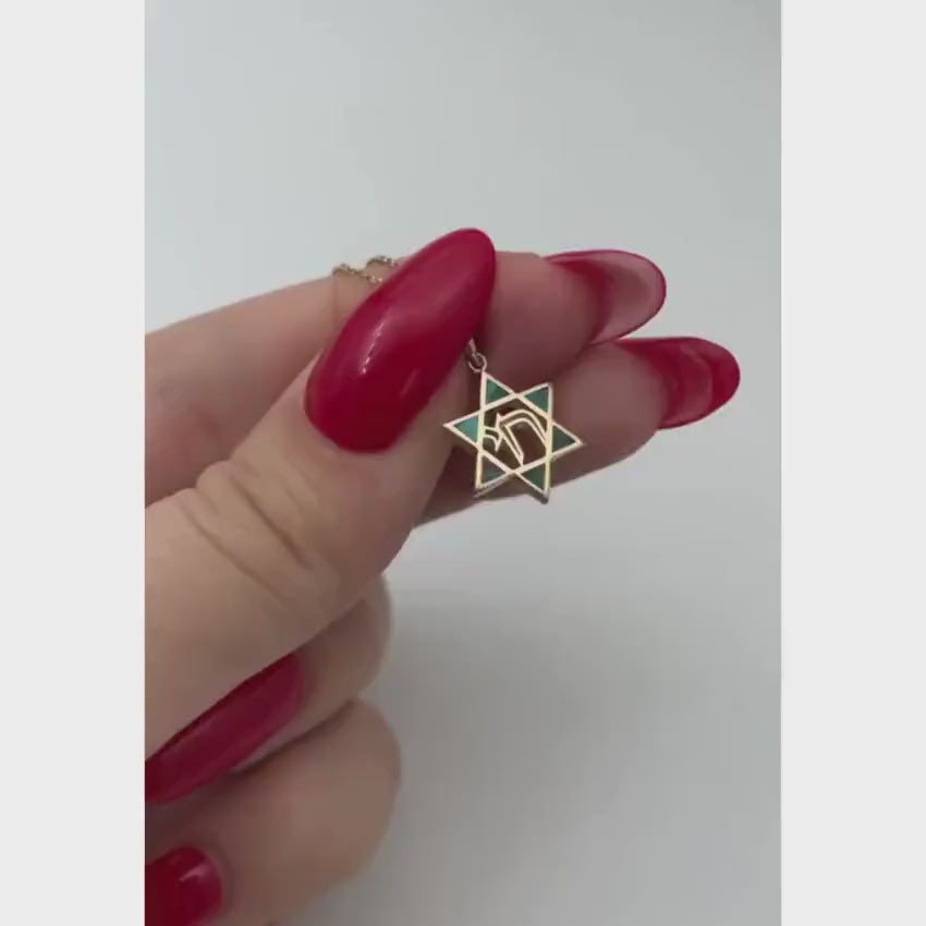 Load video: Star of David and Chai Pendant with Eilat Stone in 14K Gold