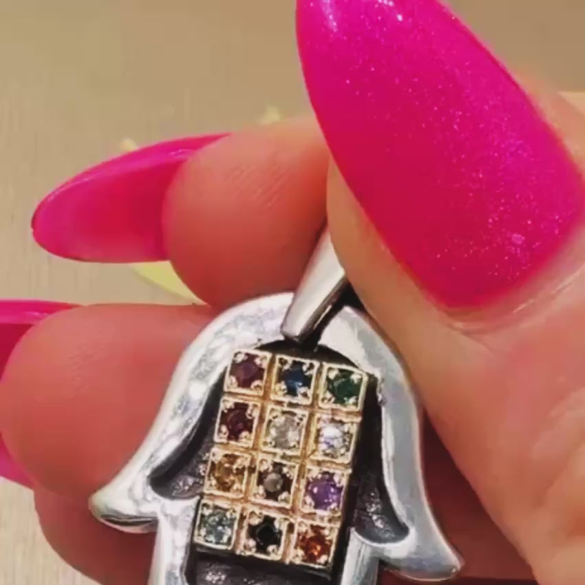 Load video: Sterling Silver &amp; 9K Gold Hamsa Hoshen Pendant Necklace