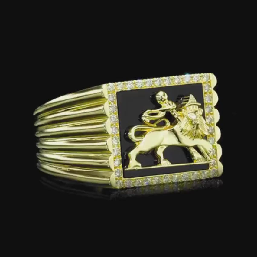 Load video: Lion of Judah Ring - Bob Marley Style 14K Yellow Gold Diamond Onyx