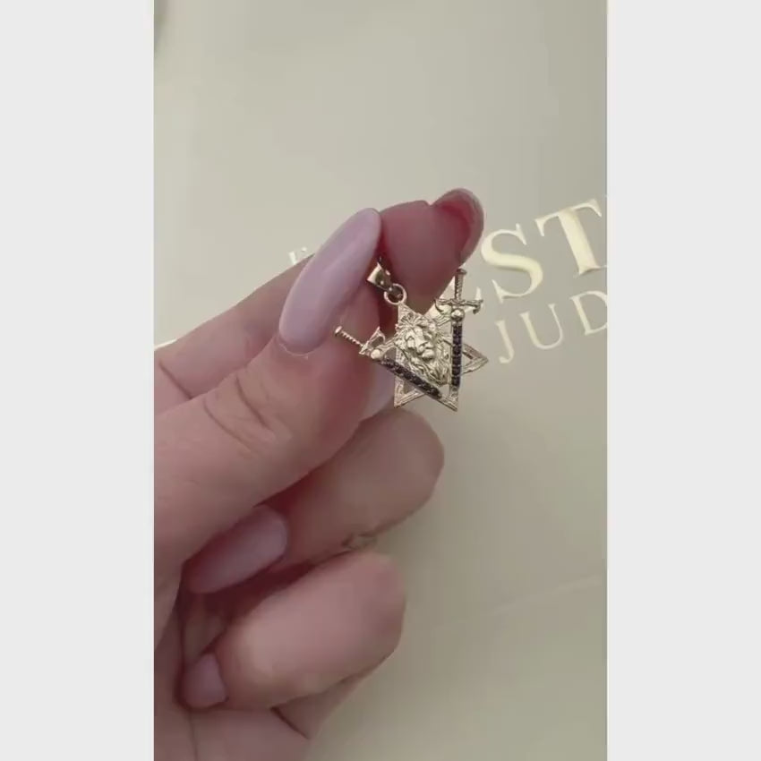 Load video: Two Swords Lion of Judah and Star of David Pendant in 14K Gold with Black Diamonds