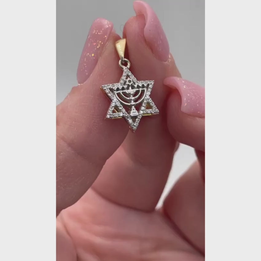 Load video: Diamond Star of David Menorah Pendant in 14K Two Tone Gold