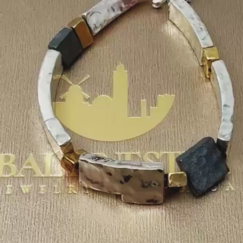 Load video: Israeli Silver Bracelet – Oxidized Silver &amp; Gold Plated Lightweight Jewelry