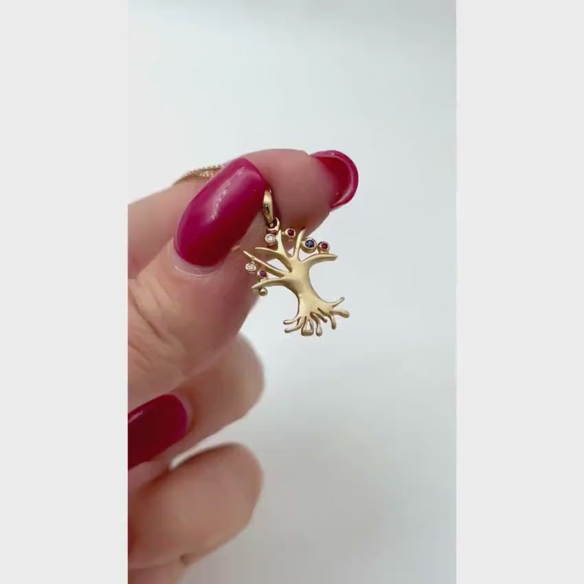 Load video: Tree of Life Rubies Diamonds Sapphires 14k Gold Pendant