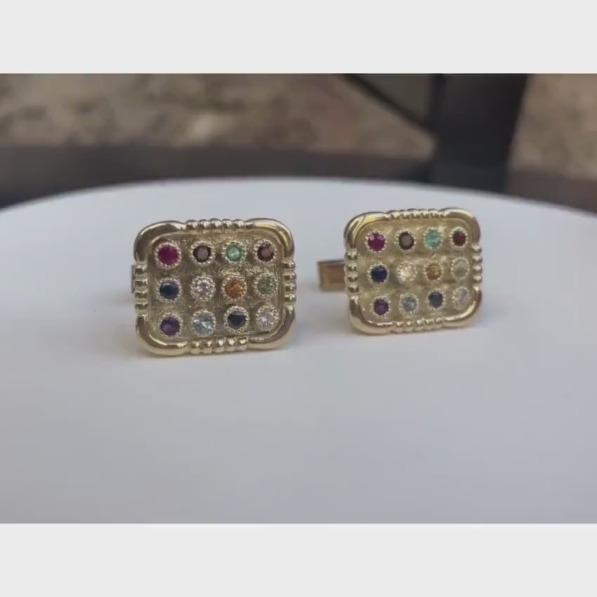 Load video: Elegant Choshen Cufflinks 12 Gemstones 14k Yellow Gold
