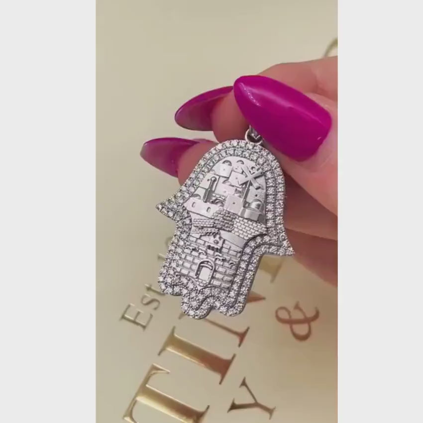 Load video: Hamsa Pendant with Jerusalem Skyline 14K Gold &amp; 1.22 CT Diamonds – Am Yisrael Chai Engraving