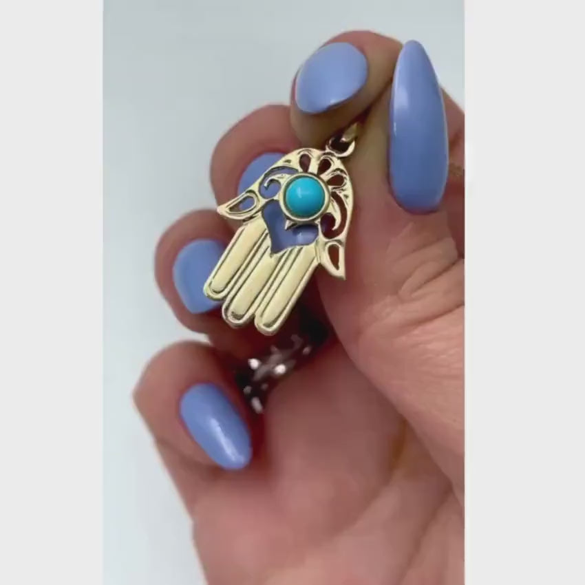 Load video: 14k Gold Modern Turquoise Hamsa Pendant