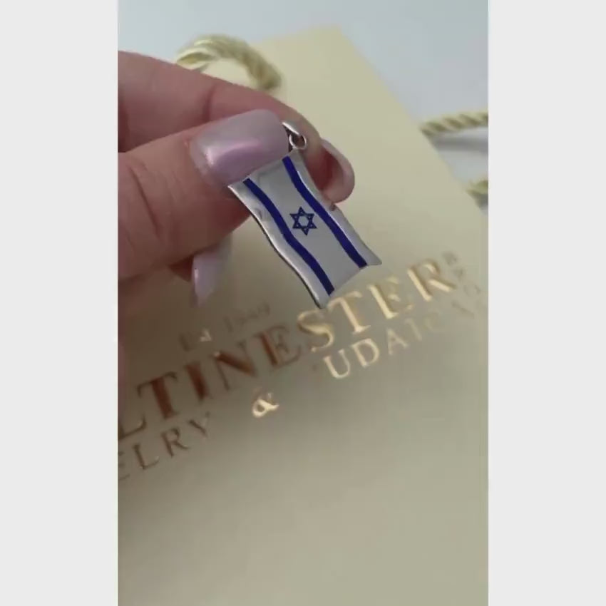 Load video: Israel Flag Pendant in 14K White Gold and Blue Enamel