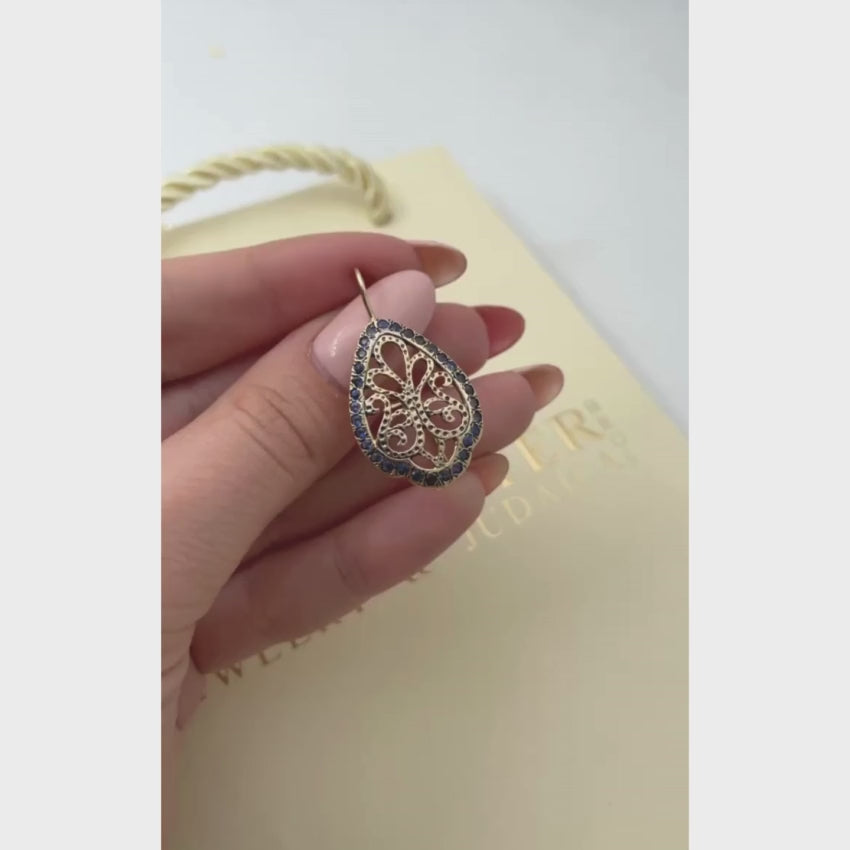 Load video: Vintage Style Blue Sapphire Earrings in 14K Gold