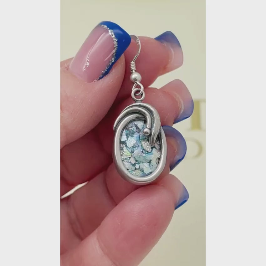 Load video: Roman Glass Oval Shaped Silver Earrings