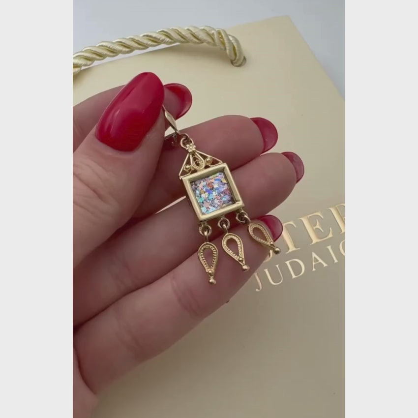 Load video: Roman Glass Chandelier Earrings in 14K Gold Filigree Detailing