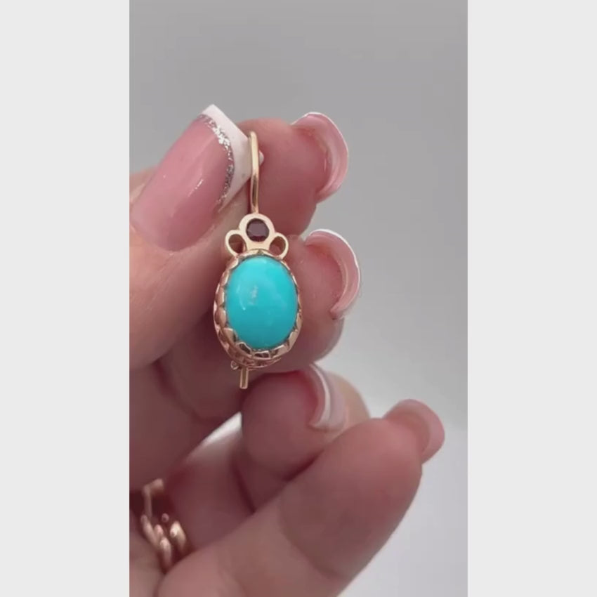 Load video: Oval Turquoise &amp; Garnet Earrings in 14K Rose Gold