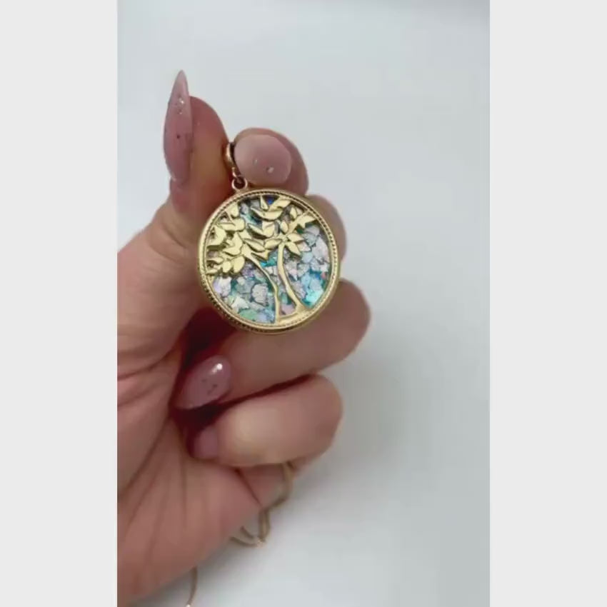 Load video: Roman Glass Tree of Life Pendant in 14K Gold