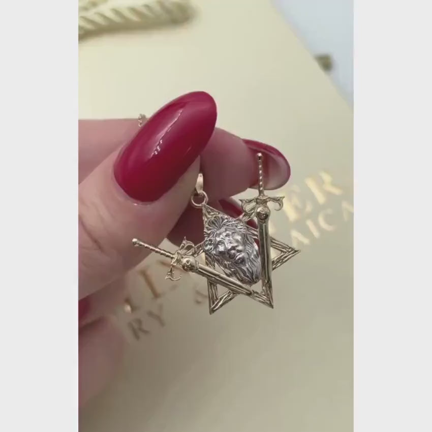 Load video: Two Swords Pendant with Lion of Judah and Star of David in 14K Gold