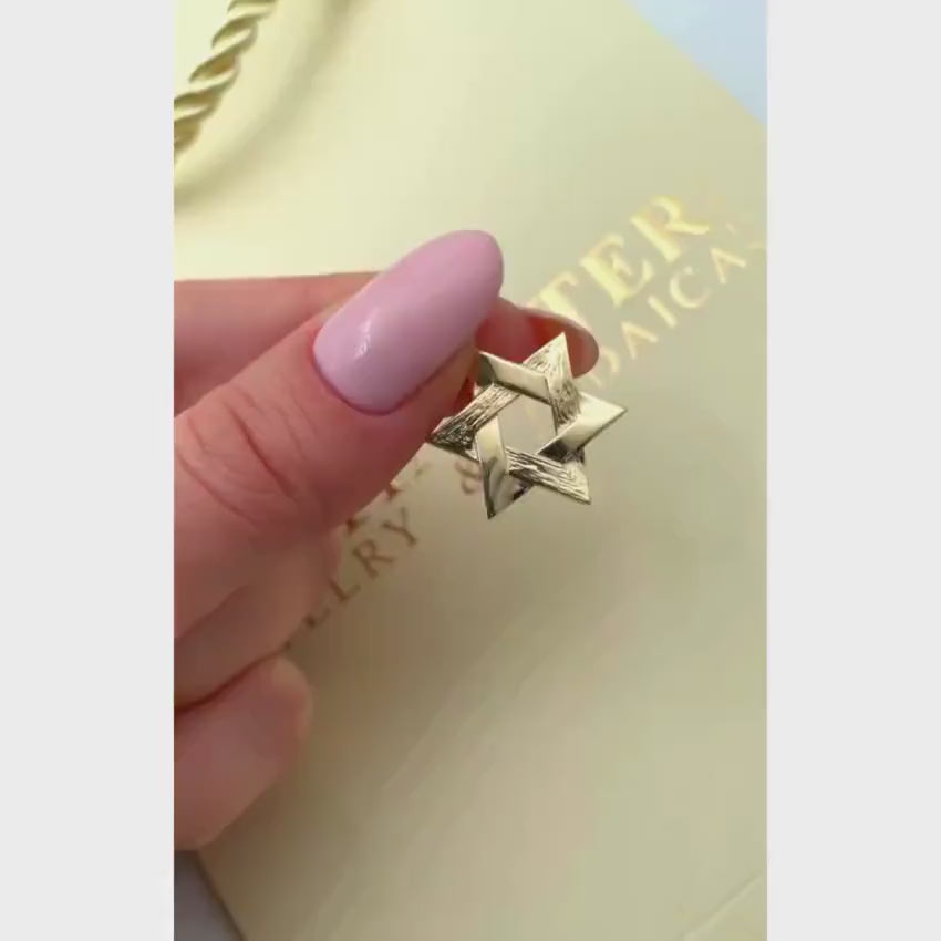 Load video: Modern Star of David Pendant in 14K Gold Semi Textured Interwoven Style