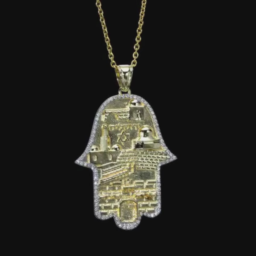 Load video: Hamsa Jerusalem Jewish Star 3D Pendant in 14k Gold with Diamonds