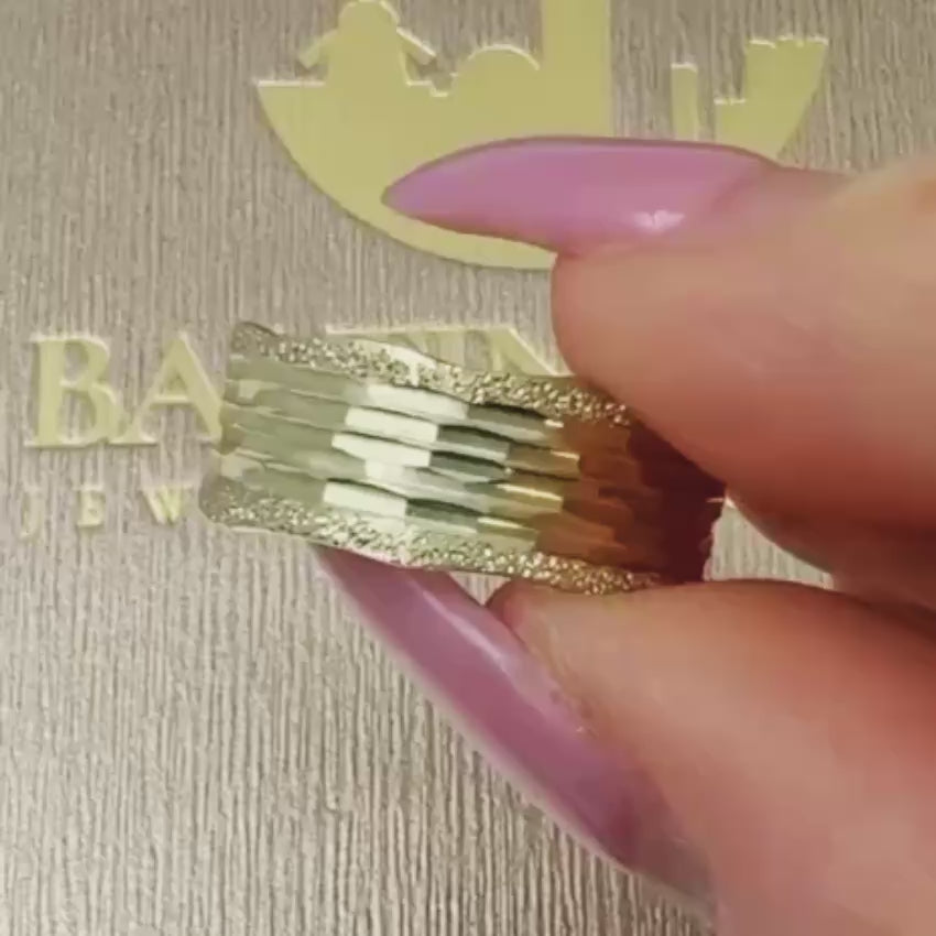Load video: 14K Gold Multi-Textured Wedding Ring – 7.5 mm Wide