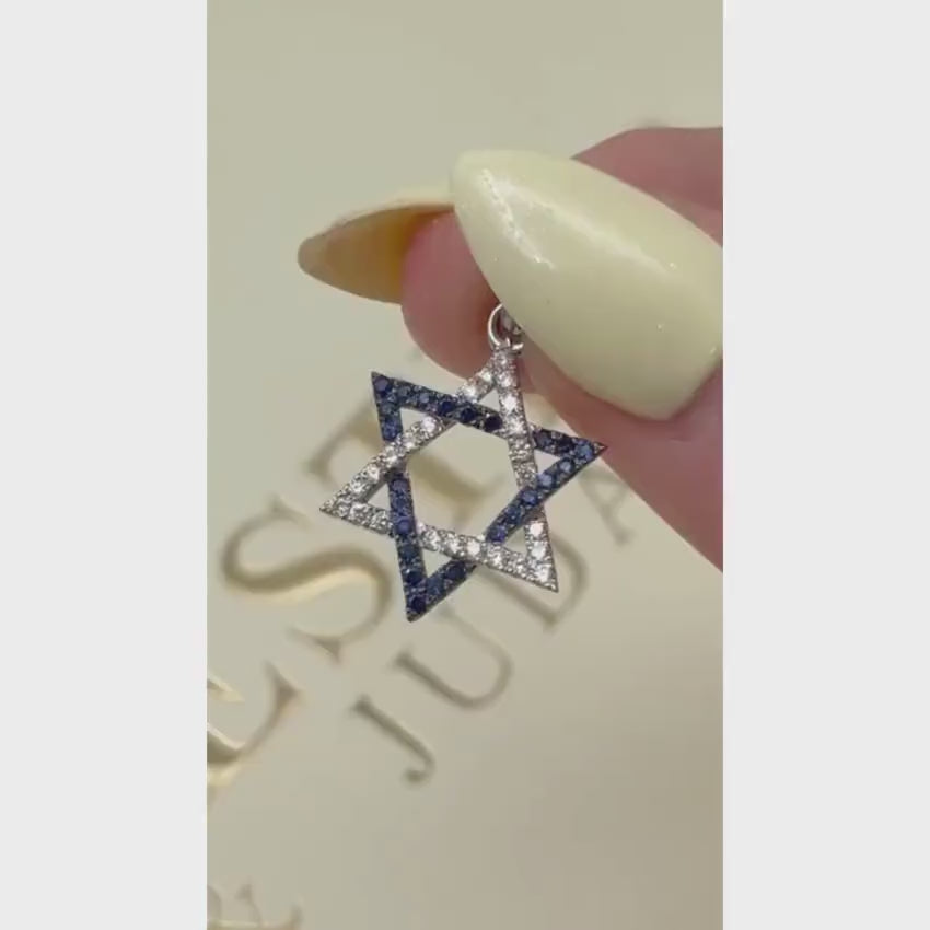 Load video: Star of David Pendant with Diamonds and Sapphires in 14K White Gold