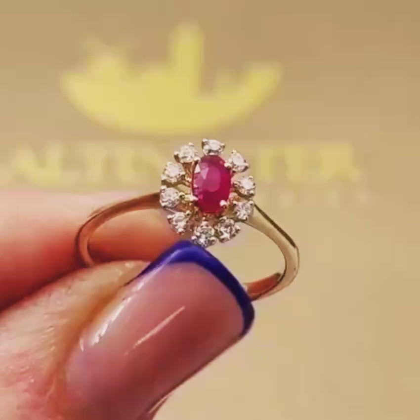 Load video: 14K Gold Ruby &amp; Diamond Halo Ring