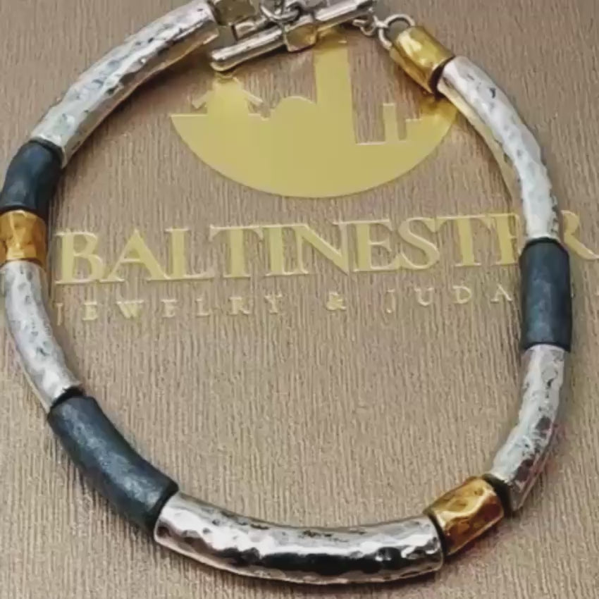 Load video: Lightweight Israeli Silver Bracelet – Oxidized Silver &amp; Gold Plated Hammered Jewelry
