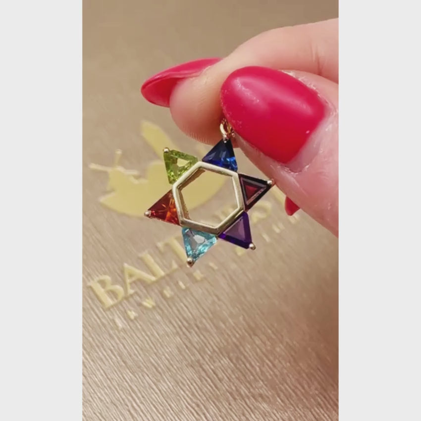 Load video: Colorful Gemstones Star of David Pendant in 14K Gold - 21 mm