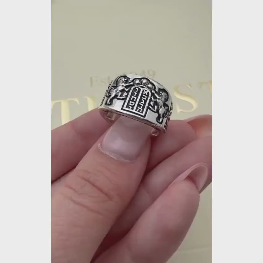 Load video: Lion of Judah Ten Commandments Star of David Jewish Ring in Sterling Silver