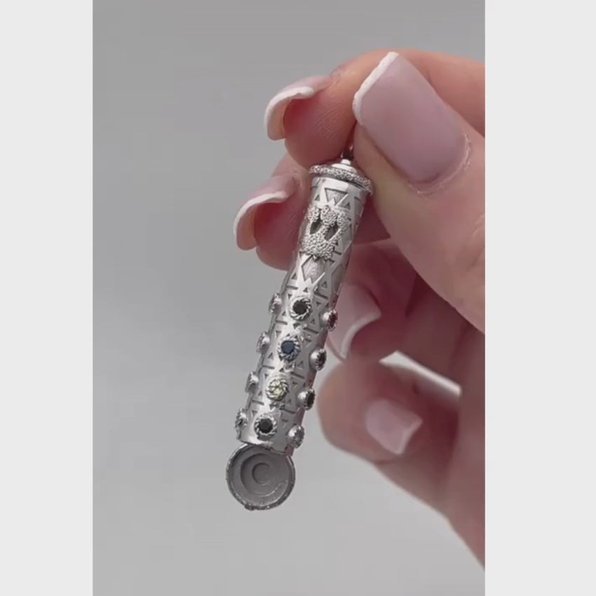 Load video: Mezuzah Shin Pendant in 14K White Gold with Hoshen Precious Stones