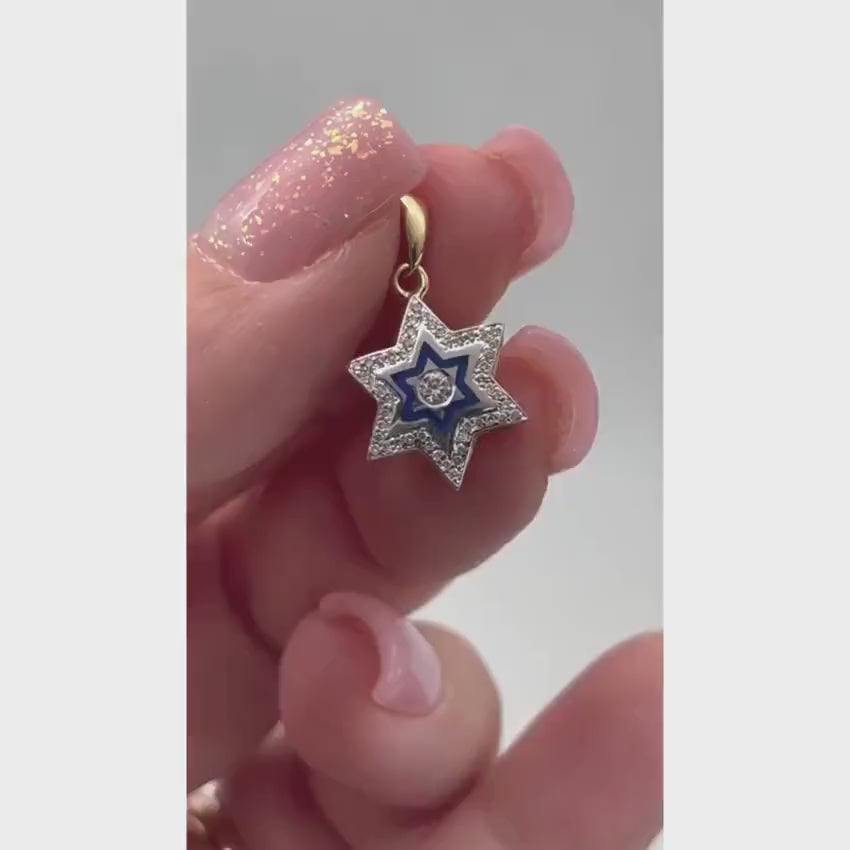 Load video: Diamond Star of David Pendant in 14K Yellow &amp; White Gold with Blue Enamel - Small