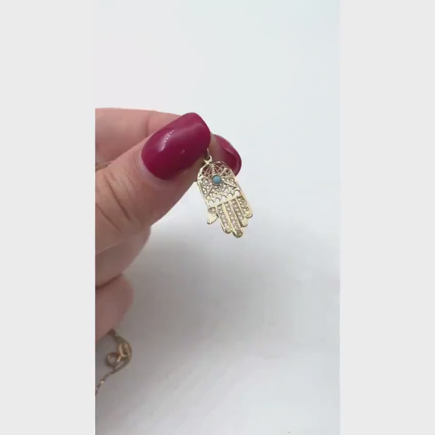 Load video: 14k Gold Filigree Turquoise Hamsa Pendant
